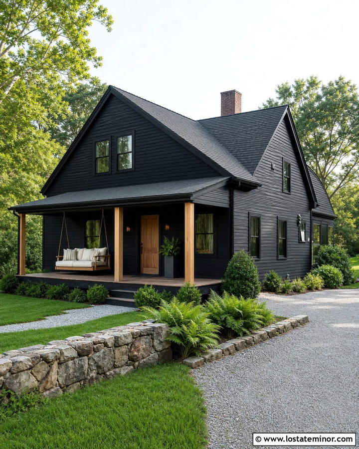 Jet Black Saltbox With Rope Hung Daybed - 30 Jet Black House Design With Daybed Ideas