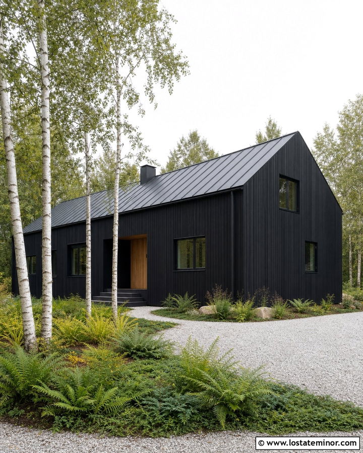 Jet Black Scandinavian House With Birch Front Yard - 30 Jet Black House Design With Front Yard Ideas