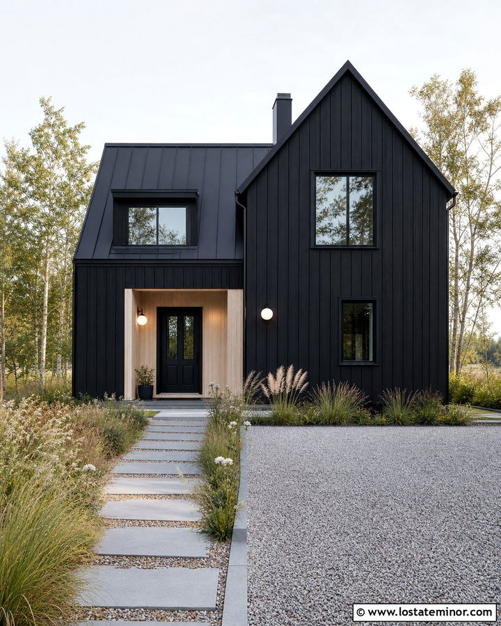 Jet Black Scandinavian House With Globe Lights - 30 Jet Black House Design With Lighting Ideas