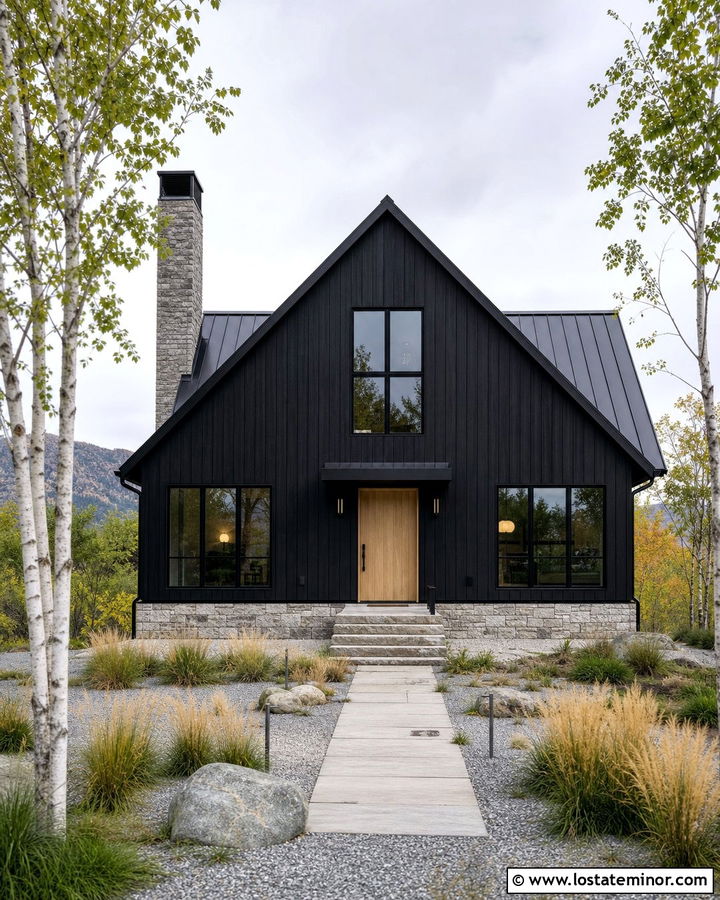 Jet Black Scandinavian House With Gray Stone - 30 Jet Black House Design With Stone Accents Ideas