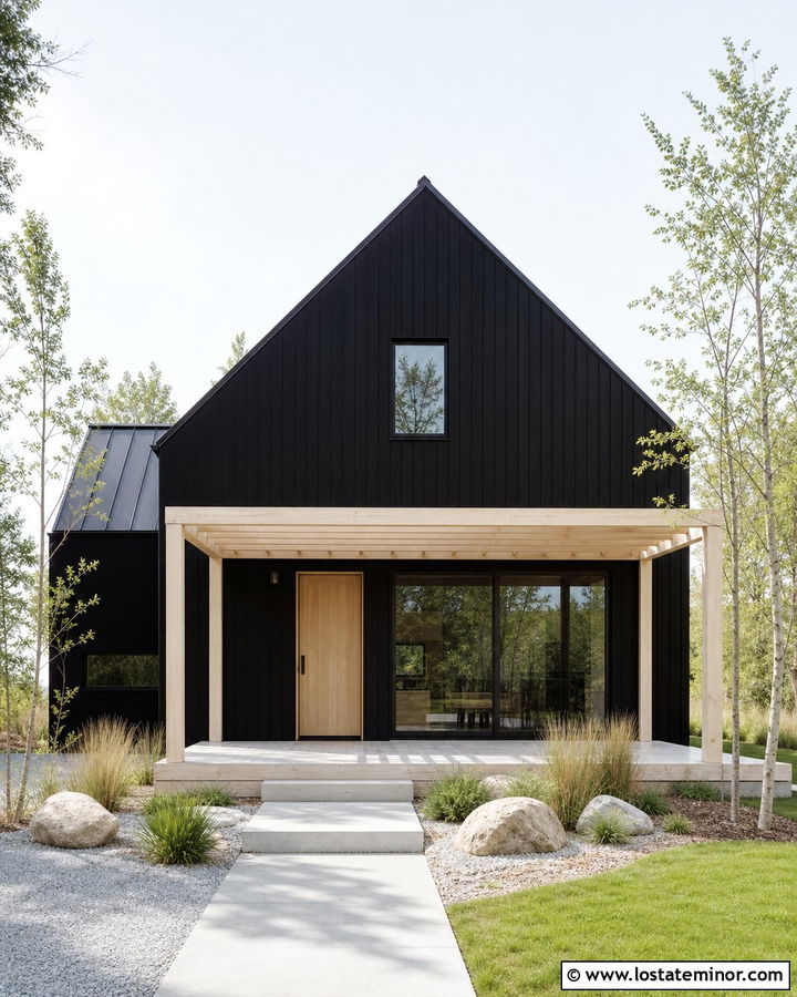Jet Black Scandinavian House With Light Wood Pergola - 30 Jet Black House Design With Pergola Ideas
