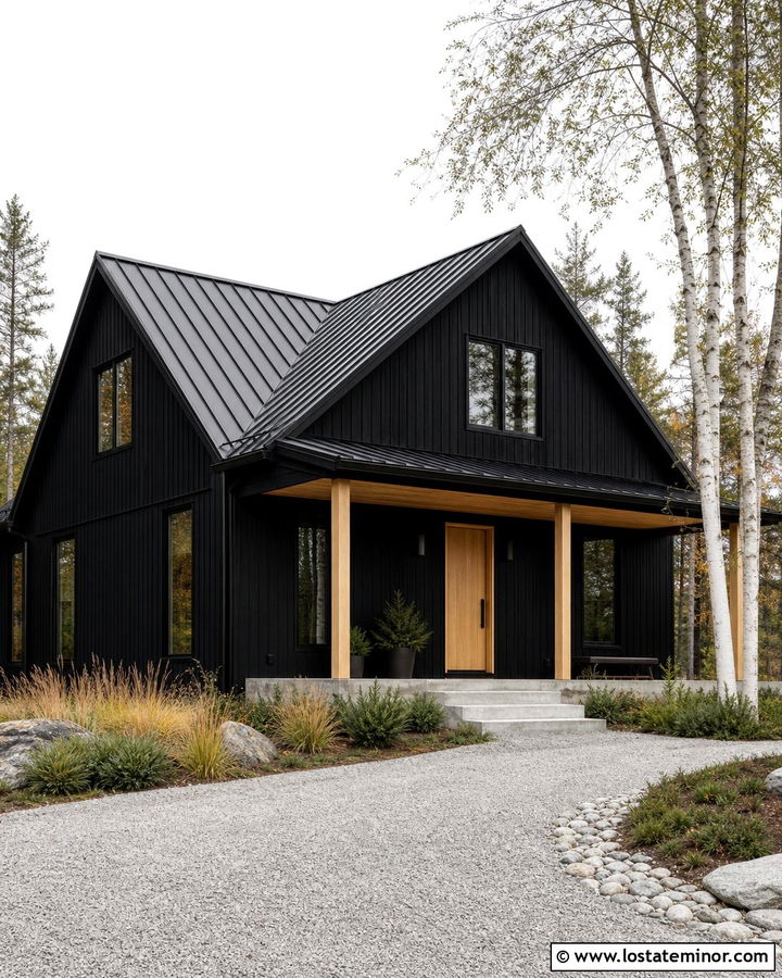 Jet Black Scandinavian House With Minimal Wood Porch Columns - 30 Jet Black House Design With Porch Columns Ideas