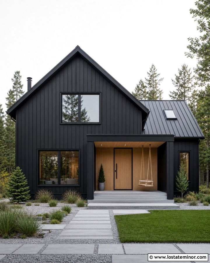 Jet Black Scandinavian House With Minimal Wood Swing - 30 Jet Black House Design With Swing Ideas