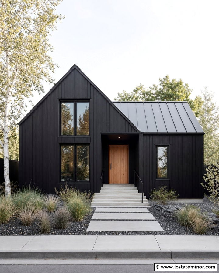 Jet Black Scandinavian House With Pale Concrete Steps - 30 Jet Black House Design With Steps Ideas