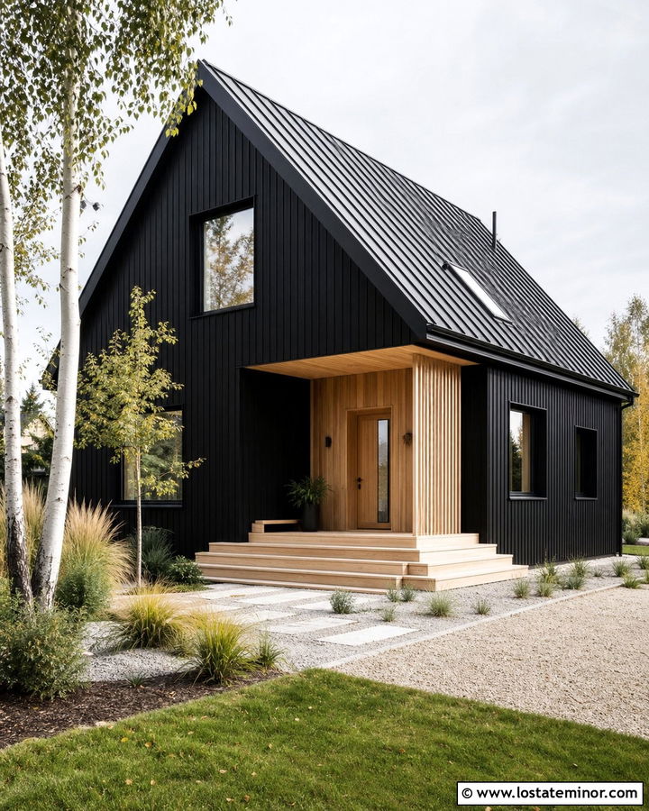 Jet Black Scandinavian House With Pale Wood Deck - 30 Jet Black House Design With Deck Ideas