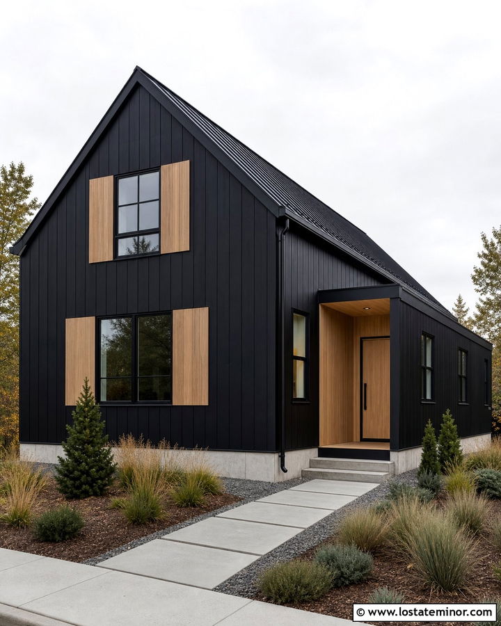 Jet Black Scandinavian House With Pale Wood Shutters - 30 Jet Black House Design With Shutters Ideas
