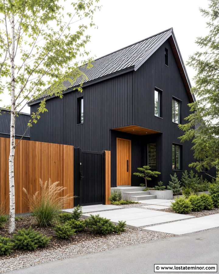 Jet Black Scandinavian House With Vertical Cedar Fence - 30 Jet Black House Design With Fence Ideas