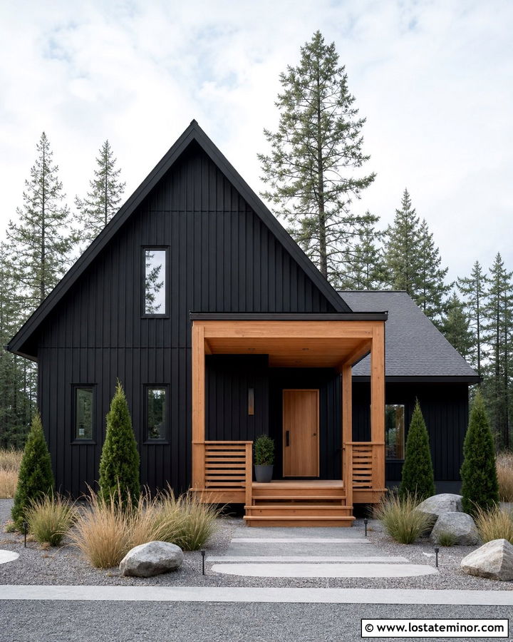 Jet Black Scandinavian House With Wood Porch - 30 Jet Black House Design With Front Porch Ideas