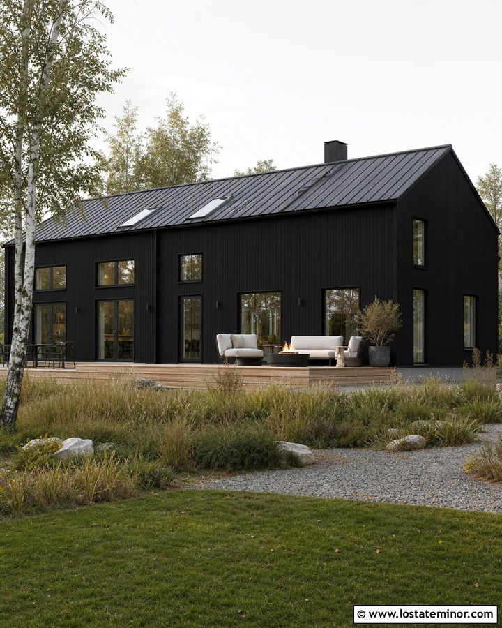 Jet Black Scandinavian House With Wood Terrace - 30 Jet Black House Design With Backyard Ideas