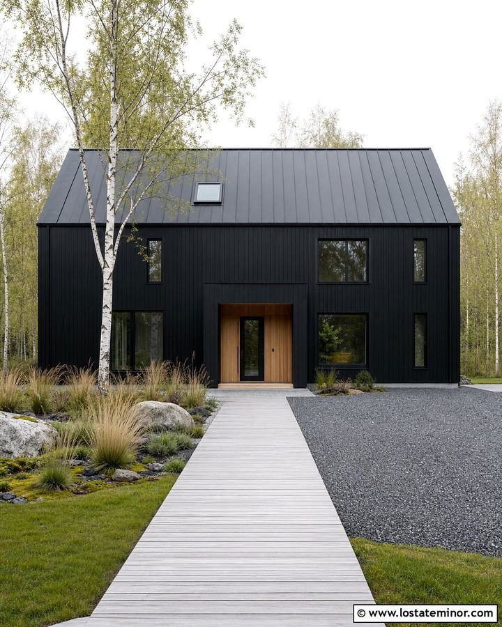 Jet Black Scandinavian House With Wood Walkway - 30 Jet Black House Design With Walkway Ideas