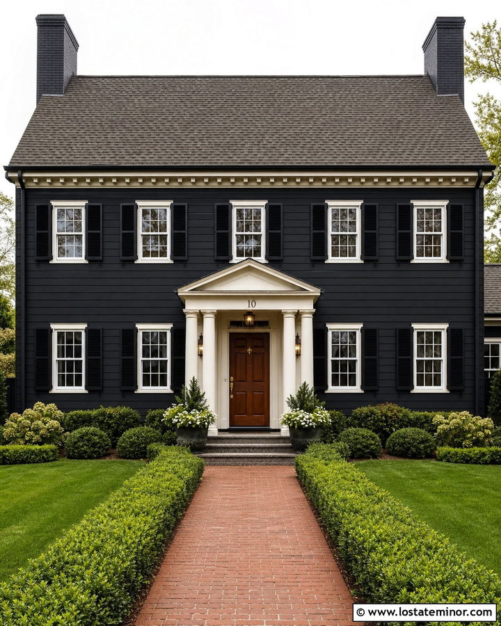 Jet Black Shingle Colonial With Brass Accents - 30 Jet Black House Design With Shingles Ideas