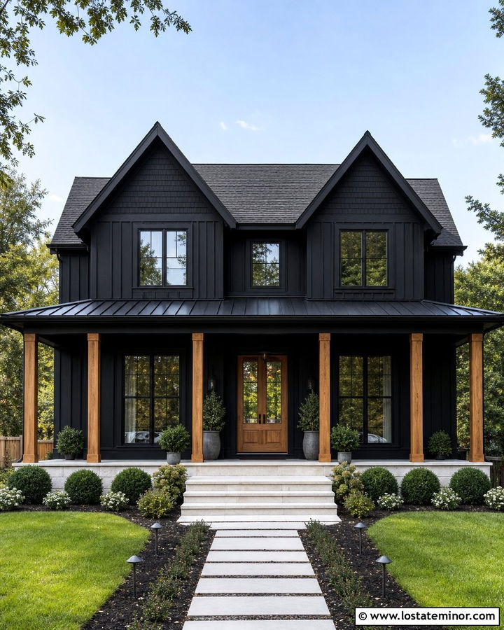 Jet Black Shingle Farmhouse With Metal Porch Roof - 30 Jet Black House Design With Shingles Ideas