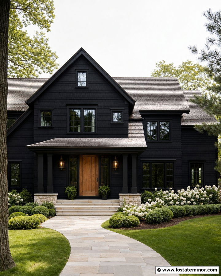 Jet Black Shingle House With A Cedar Front Door - 30 Jet Black House Design With Cedar Shake Ideas