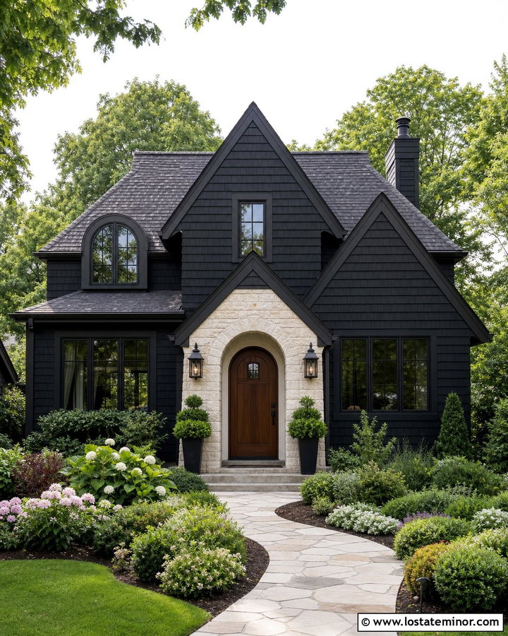 Jet Black Shingle House With Arched Entry - 30 Jet Black House Design With Shingles Ideas