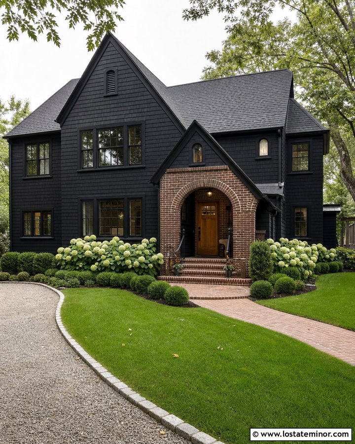 Jet Black Shingle House With Brick Arch - 30 Jet Black House Design With Brick Accents Ideas