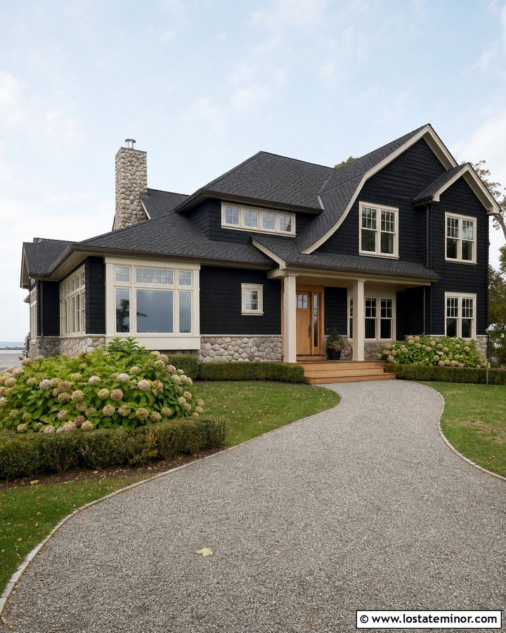 Jet Black Shingle House With Cobblestone Wainscoting - 30 Jet Black House Design With Wainscoting Ideas