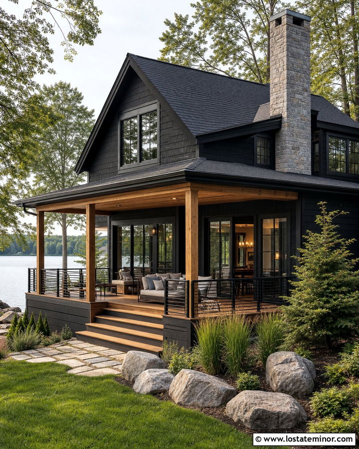 Jet Black Shingle House With Covered Deck - 30 Jet Black House Design With Shingles Ideas