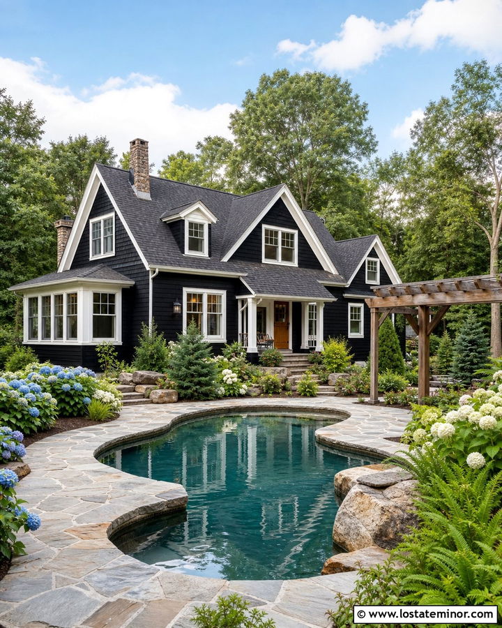 Jet Black Shingle House With Freeform Pool - 30 Jet Black House Design With Swimming Pool Ideas
