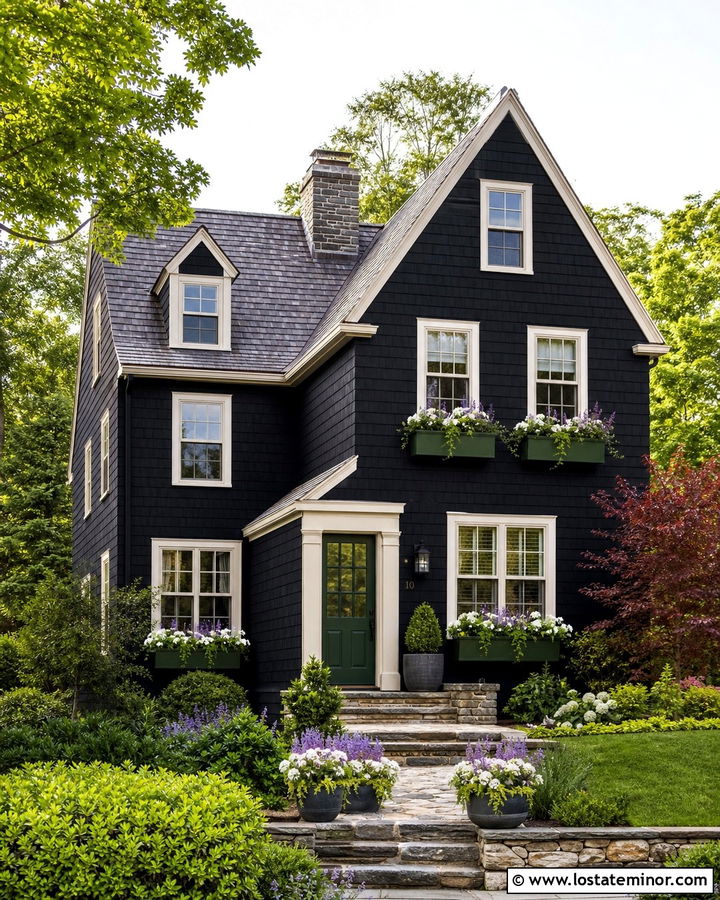 Jet Black Shingle House With Green Window Boxes - 30 Jet Black House Design With Window Boxes Ideas