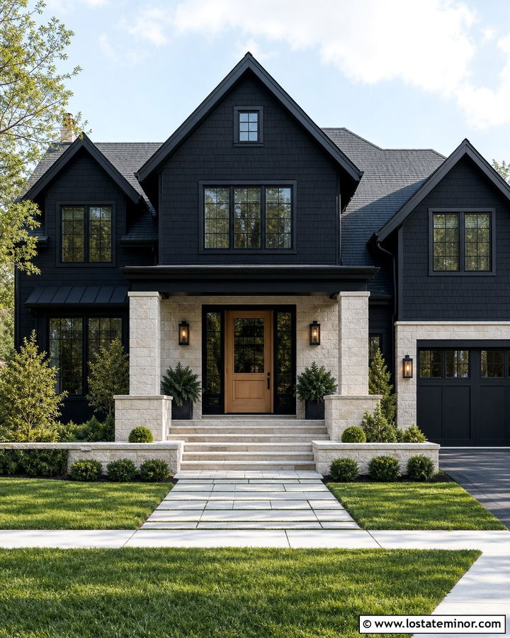 Jet Black Shingle House With Limestone Entry - 30 Jet Black House Design With Shingles Ideas