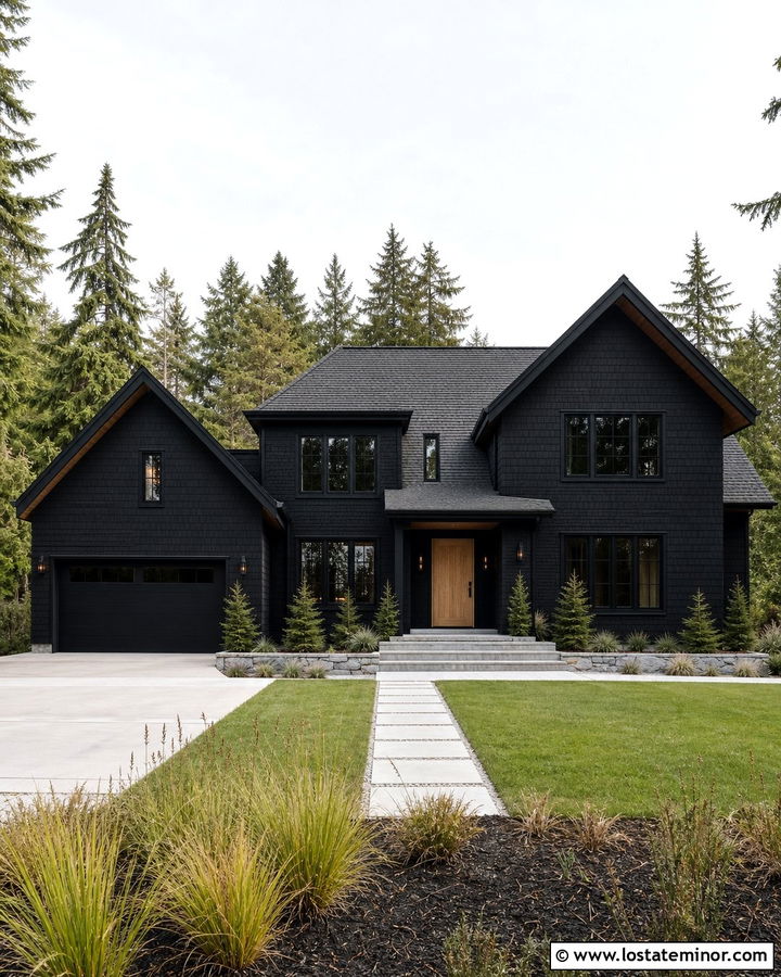Jet Black Shingle House With Oak Front Door - 30 Jet Black House Design With Shingles Ideas