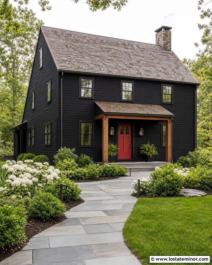 Jet Black Shingle House With Red Door - 30 Jet Black House Design With Shingles Ideas