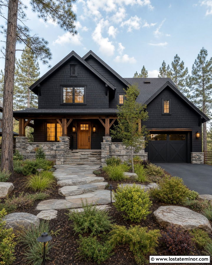 Jet Black Shingle House With Stone Porch - 30 Jet Black House Design With Shingles Ideas