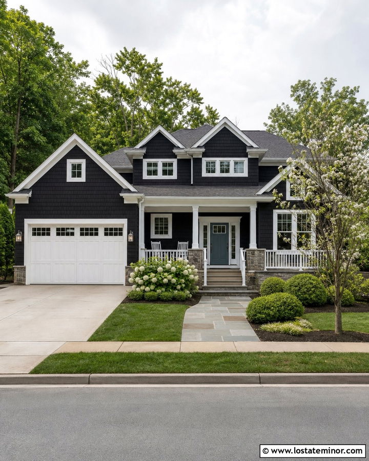 Jet Black Shingle House With White Garage Door - 30 Jet Black House Design With Garage Door Ideas