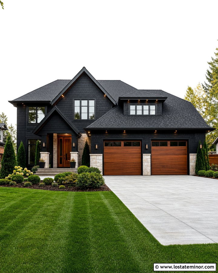 Jet Black Shingle House With Wood Garage Doors - 30 Jet Black House Design With Shingles Ideas