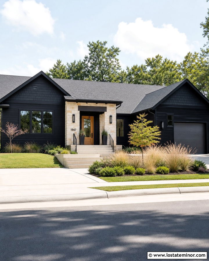 Jet Black Shingle Ranch With Light Stone - 30 Jet Black House Design With Shingles Ideas