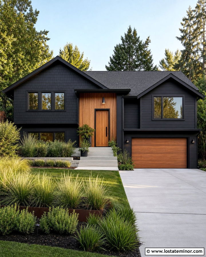 Jet Black Shingle Split Level With Wood Siding - 30 Jet Black House Design With Shingles Ideas