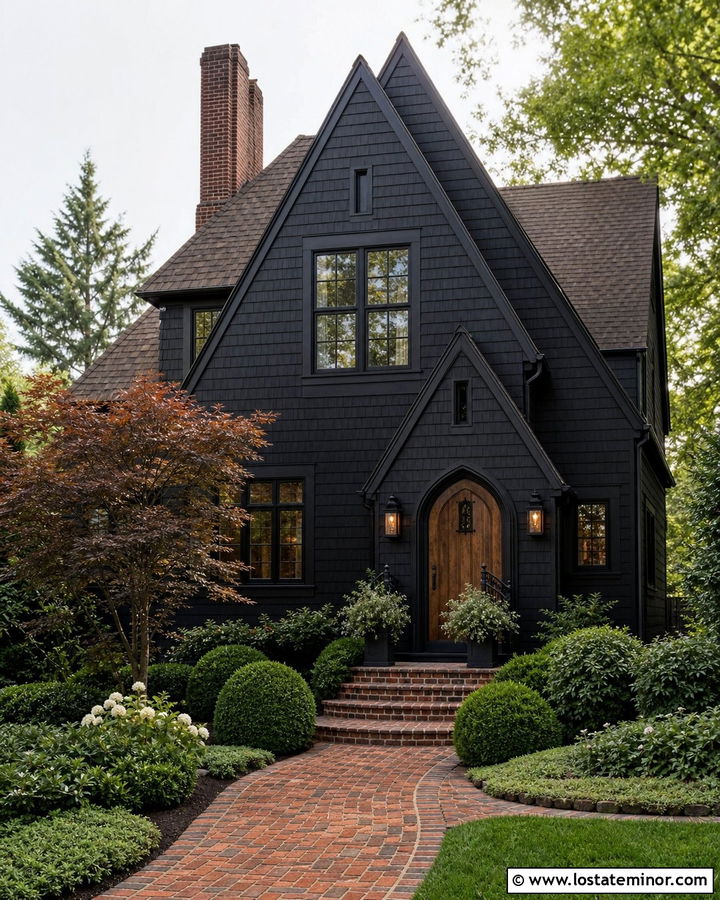 Jet Black Shingle Tudor With Brick Chimney - 30 Jet Black House Design With Shingles Ideas