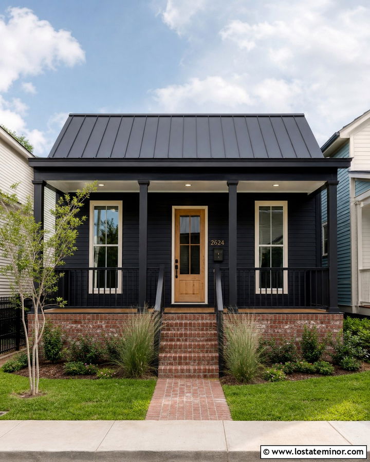 Jet Black Shotgun House With Brick Piers - 30 Jet Black House Design With Brick Accents Ideas