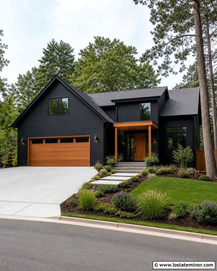 Jet Black Siding With Cedar Garage Door - 30 Jet Black House Design With Siding Ideas