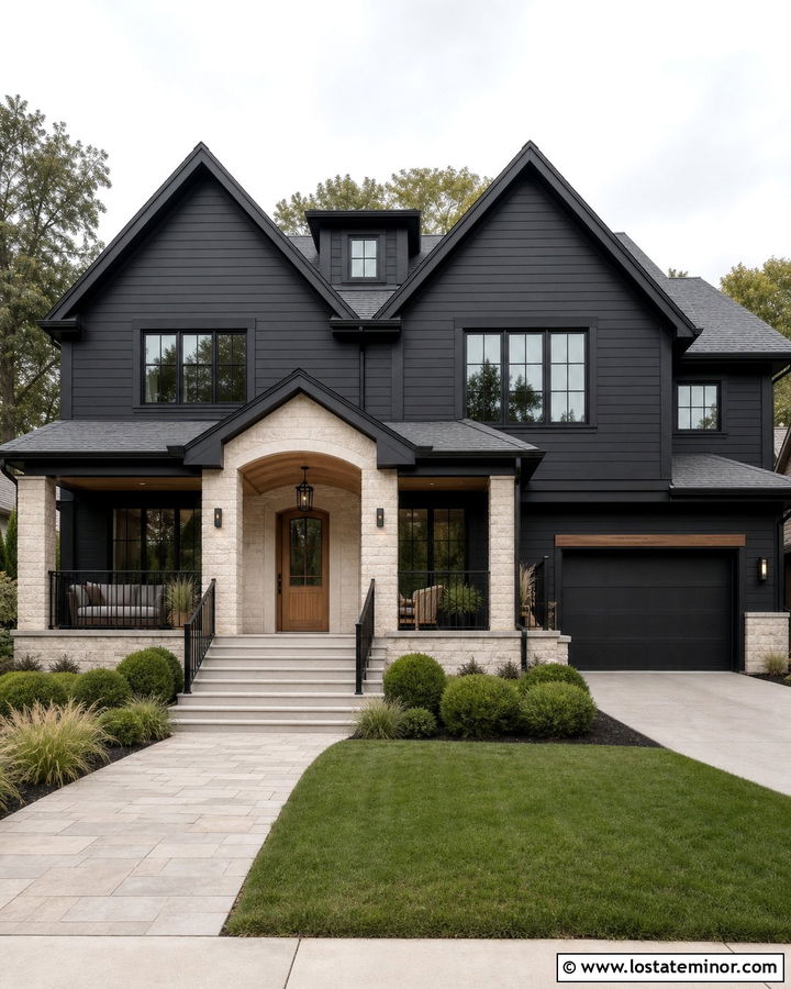 Jet Black Siding With Limestone Accents - 30 Jet Black House Design With Siding Ideas