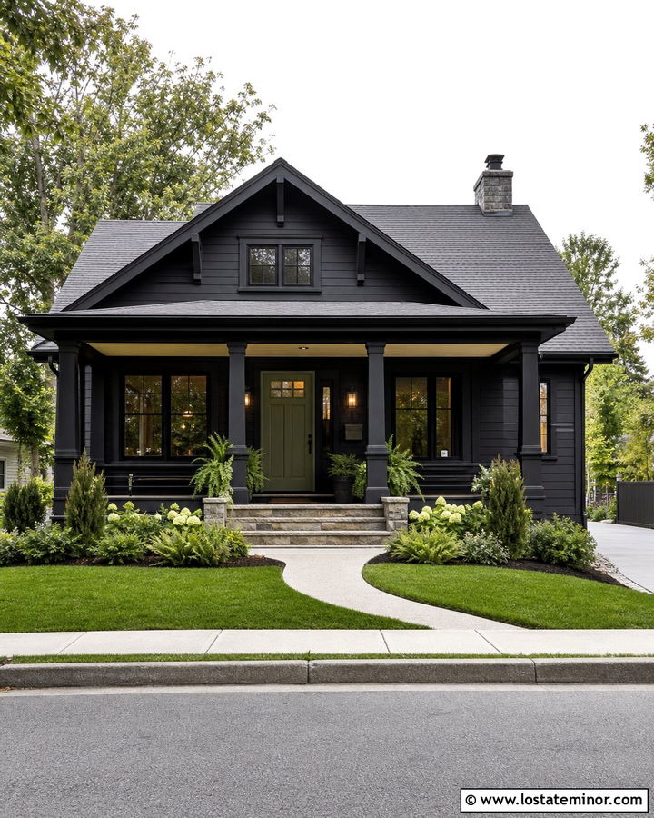 Jet Black Siding With Olive Green Door - 30 Jet Black House Design With Siding Ideas