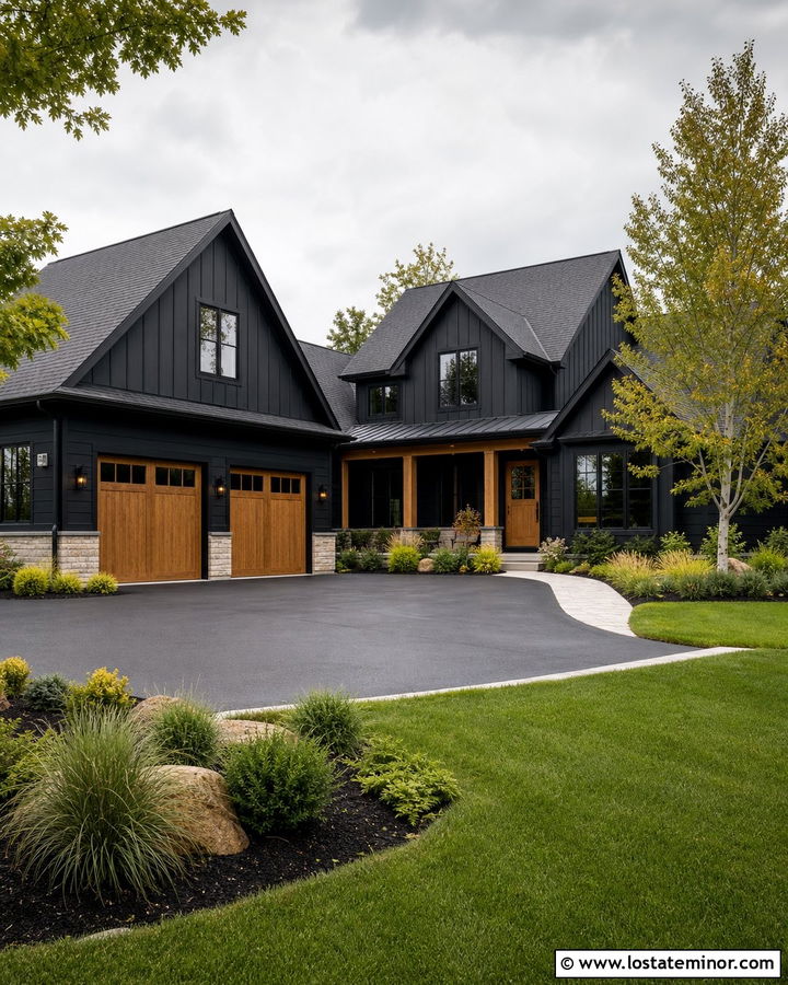 Jet Black Siding With Tan Stone Garage - 30 Jet Black House Design With Siding Ideas