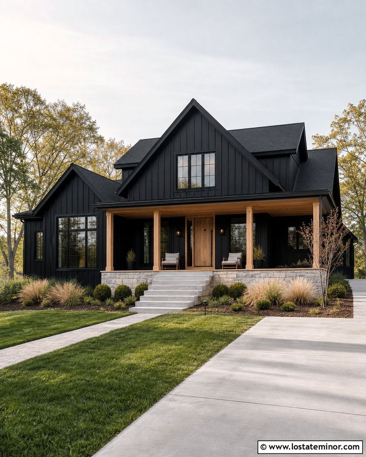 Jet Black Siding With White Oak Porch - 30 Jet Black House Design With Siding Ideas