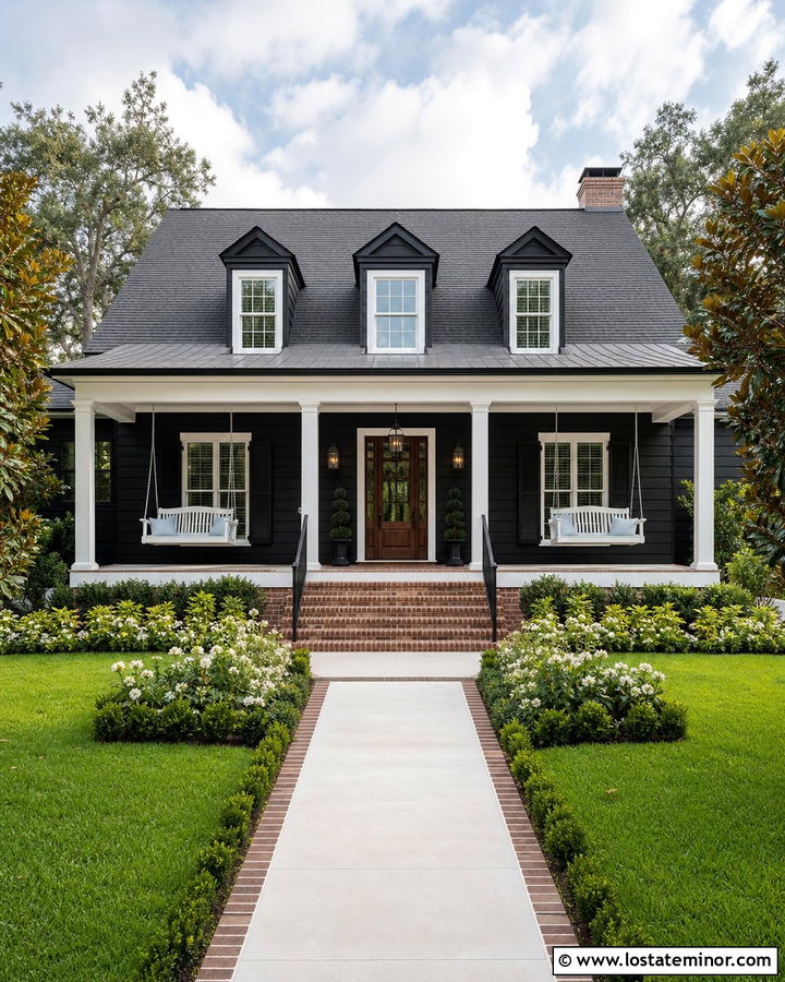 Jet Black Southern House With Double Porch Swing - 30 Jet Black House Design With Swing Ideas