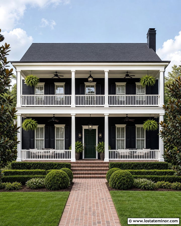 Jet Black Southern House With Double Porch - 30 Jet Black House Design With Front Porch Ideas