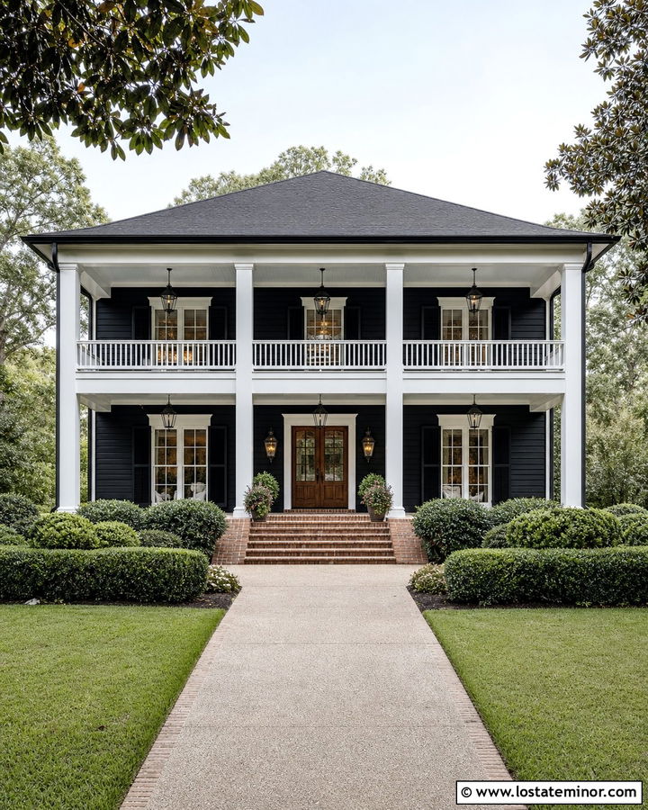 Jet Black Southern House With Two Story Porch Columns - 30 Jet Black House Design With Porch Columns Ideas
