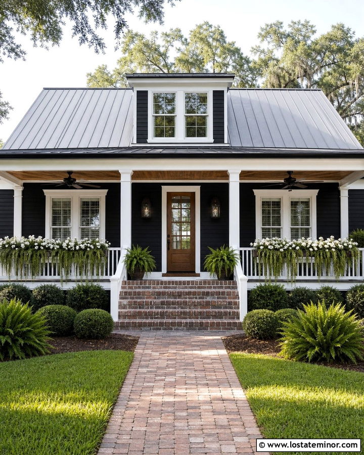 Jet Black Southern Porch House With White Boxes - 30 Jet Black House Design With Window Boxes Ideas