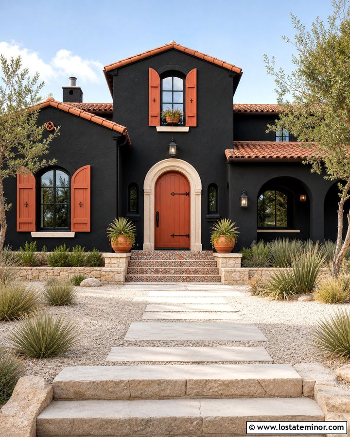 Jet Black Spanish House With Terracotta Shutters - 30 Jet Black House Design With Shutters Ideas