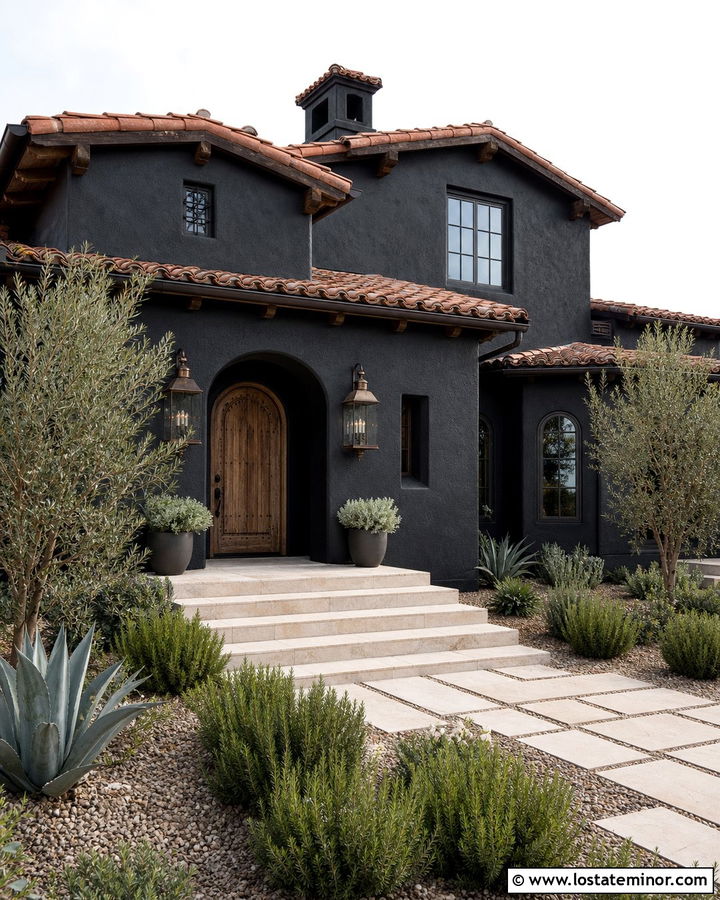Jet Black Spanish House With Wrought Iron Lanterns - 30 Jet Black House Design With Light Fixtures Ideas