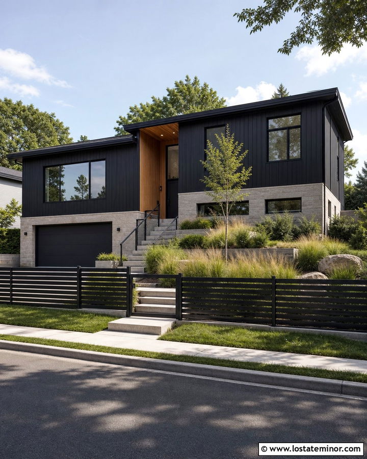 Jet Black Split Level House With Aluminum Fence - 30 Jet Black House Design With Fence Ideas