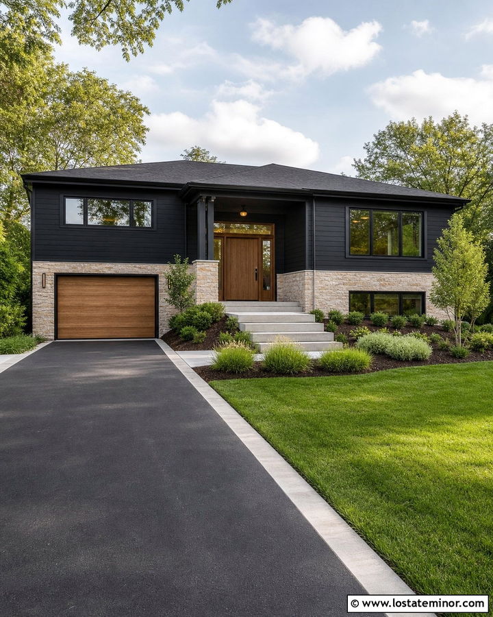 Jet Black Split Level House With Asphalt Driveway - 30 Jet Black House Design With Driveway Ideas