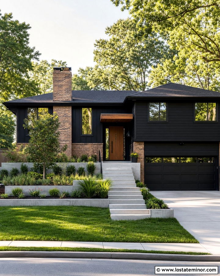 Jet Black Split Level House With Brick Chimney - 30 Jet Black House Design With Chimney Ideas