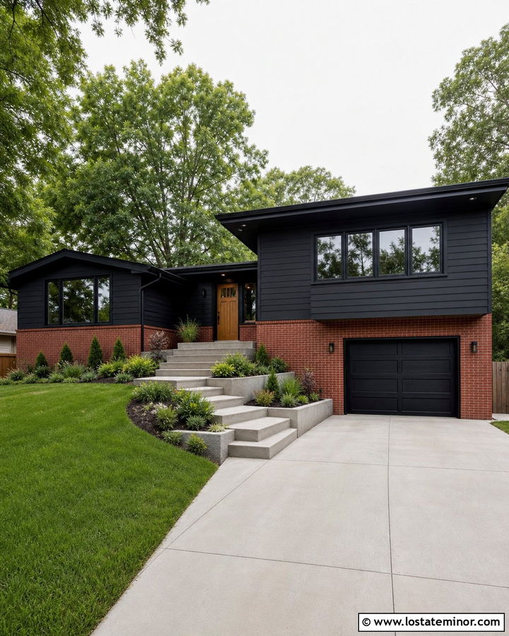 Jet Black Split Level House With Brick Lower Story - 30 Jet Black House Design With Brick Accents Ideas