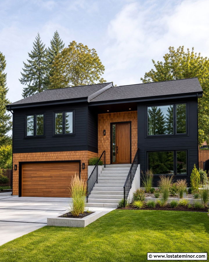 Jet Black Split Level House With Cedar Shake Garage - 30 Jet Black House Design With Cedar Shake Ideas