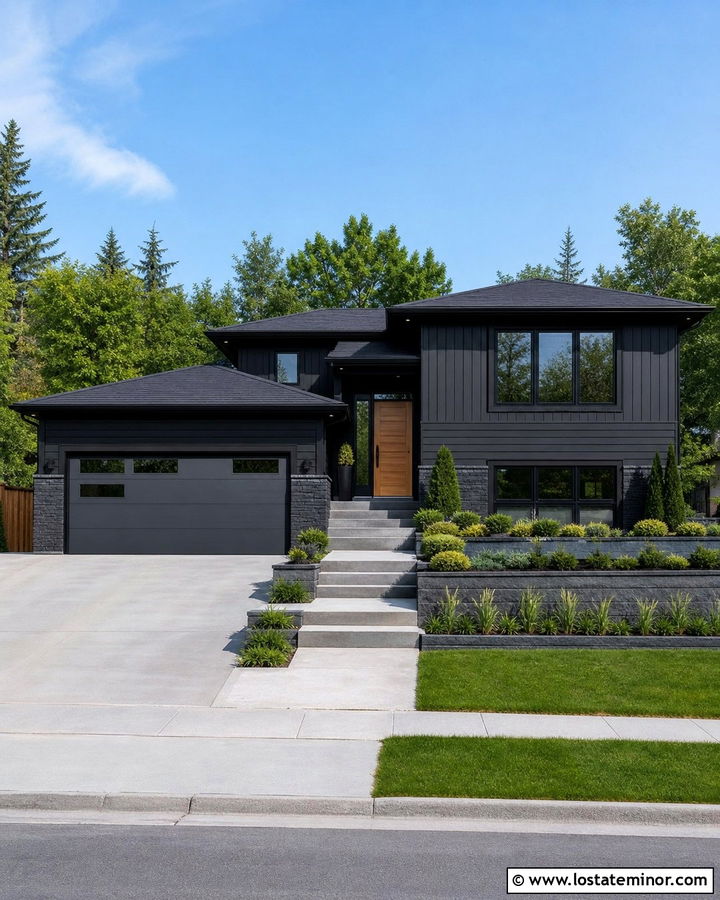 Jet Black Split Level House With Charcoal Garage Door - 30 Jet Black House Design With Garage Door Ideas
